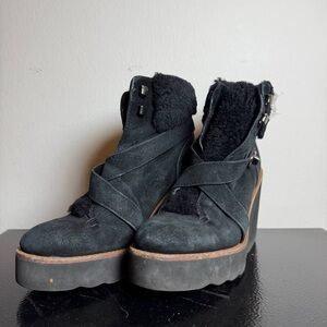 Coach Black Suede Platform Ankle Boots with Shearling Collar